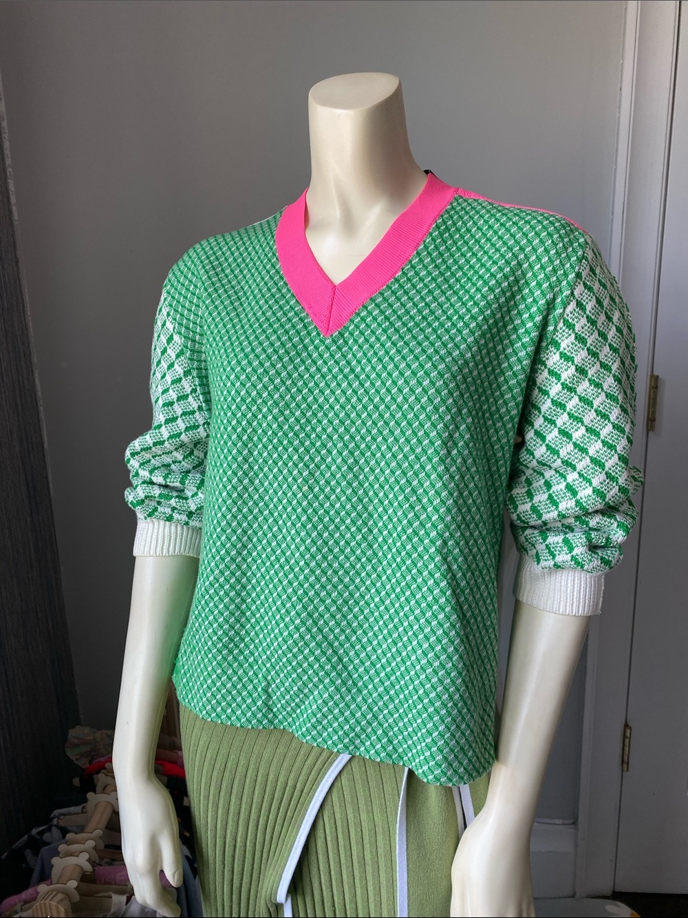SONIA RYKIEL Green & Pink V‑Neck Patterned Women's Sweater - Picture 1 of 9